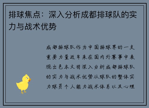排球焦点：深入分析成都排球队的实力与战术优势