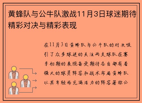 黄蜂队与公牛队激战11月3日球迷期待精彩对决与精彩表现